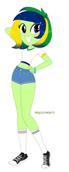 Size: 1140x2836 | Tagged: safe, artist:kellysweet1, derpibooru import, oc, oc only, oc:mareia potranca, equestria girls, belly button, blushing, bracelet, clothes, commission, converse, equestria girls-ified, female, grin, jewelry, midriff, shirt, shoes, shorts, simple background, smiling, sneakers, socks, solo, t-shirt, transparent background, wristband