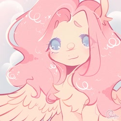 Size: 1700x1700 | Tagged: safe, artist:poofu_, derpibooru import, fluttershy, pegasus, pony, chest fluff, cloud, cute, ear fluff, ears, female, mare, no pupils, shyabetes, solo