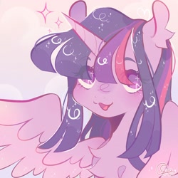 Size: 1700x1700 | Tagged: safe, artist:poofu_, derpibooru import, twilight sparkle, twilight sparkle (alicorn), alicorn, pony, :3, chest fluff, cloud, cute, ear fluff, ears, female, looking at you, mare, no pupils, open mouth, open smile, smiling, smiling at you, solo, twiabetes