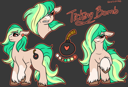 Size: 3814x2609 | Tagged: safe, artist:sexygoatgod, derpibooru import, oc, oc only, oc:ticking bomb, earth pony, pony, angry, ear piercing, female, hair over one eye, piercing, reference sheet, unshorn fetlocks