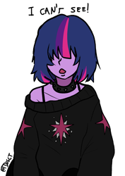 Size: 1446x2039 | Tagged: safe, artist:tacoman dusct, derpibooru import, part of a set, twilight sparkle, equestria girls, alternate hairstyle, bangs, black, choker, clothes, cutie mark, cutie mark on clothes, emo, goth, hair covering face, hair over eyes, shoulderless, simple background, solo, studded choker, sweater, text