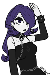 Size: 1446x2039 | Tagged: safe, artist:tacoman dusct, derpibooru import, part of a set, rarity, equestria girls, black, black dress, black lipstick, choker, clothes, dress, ear piercing, earring, female, gloves, goth, gothic, jewelry, lidded eyes, lipstick, makeup, piercing, simple background, solo, spiked wristband, wristband