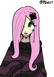 Size: 1446x2039 | Tagged: safe, artist:tacoman dusct, derpibooru import, part of a set, fluttershy, butterfly, equestria girls, black, black lipstick, choker, clothes, cutie mark accessory, cutie mark hair accessory, emo, hair accessory, hair over one eye, hairclip, lipstick, makeup, oversized clothes, simple background, solo, striped, sweater, sweatershy