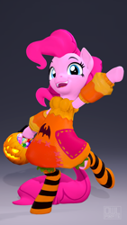 Size: 2160x3840 | Tagged: safe, artist:owlpirate, derpibooru import, pinkie pie, earth pony, pony, semi-anthro, 3d, candy, clothes, costume, food, gradient background, open mouth, pumpkin bucket, pumpkin costume, simple background, socks, source filmmaker, striped socks