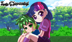 Size: 3529x2079 | Tagged: safe, artist:cmacx, derpibooru import, spike, twilight sparkle, human, anime, cute, female, hug, hug from behind, humanized, male, no pupils, spikabetes, spikelove, twiabetes, younger