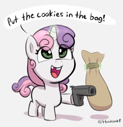 Size: 1428x1478 | Tagged: safe, artist:heretichesh, derpibooru import, sweetie belle, pony, unicorn, bag, cute, dexterous hooves, diasweetes, eye clipping through hair, female, filly, glowing, glowing horn, gun, handgun, hoof hold, horn, levitation, magic, magnetic hooves, pistol, robbery, simple background, solo, speech bubble, telekinesis, tooth gap, weapon, white background