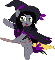 Size: 4585x5000 | Tagged: safe, artist:jhayarr23, derpibooru import, pony, unicorn, bow, broom, cape, clothes, commission, disguise, disguised siren, fangs, flying, halloween, happy, hat, holiday, kellin quinn, looking at you, male, open mouth, ponified, raised hoof, raised leg, shirt, simple background, sleeping with sirens, slit eyes, stallion, t-shirt, transparent background, witch, witch hat, ych result