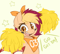 Size: 1287x1163 | Tagged: safe, artist:higglytownhero, derpibooru import, oc, oc only, oc:pep rally, bat pony, pony, bandana, bat pony oc, bow, cheerleader, cute, cute little fangs, dialogue, face paint, fangs, hair bow, looking at you, open mouth, pom pom, simple background, smiling, smiling at you, white background
