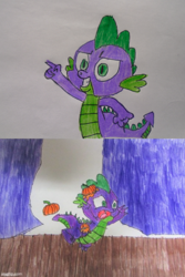 Size: 500x750 | Tagged: safe, artist:spikeabuser, spike, dragon, drawing, food, full color, male, pumpkin, pumpkins, spikeabuse, stage