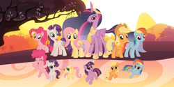 Size: 1024x511 | Tagged: safe, artist:velveagicsentryyt, derpibooru import, applejack, fluttershy, pinkie pie, princess twilight 2.0, rainbow dash, rarity, twilight sparkle, twilight sparkle (alicorn), alicorn, pony, the last problem, female, filly, filly applejack, filly fluttershy, filly pinkie pie, filly rainbow dash, filly rarity, filly twilight sparkle, mane six, older, older twilight, reflection, younger