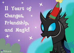 Size: 5556x4000 | Tagged: safe, artist:melisareb, derpibooru import, kevin (changeling), changeling, .svg available, :p, absurd resolution, fangs, forked tongue, happy birthday mlp:fim, hat, male, mlp fim's eleventh anniversary, party hat, raspberry, solo, stallion, text, tongue, tongue out, vector