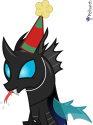 Size: 4000x5376 | Tagged: safe, alternate version, artist:melisareb, derpibooru import, kevin (changeling), changeling, .svg available, :p, absurd resolution, fangs, forked tongue, happy birthday mlp:fim, hat, male, mlp fim's eleventh anniversary, party hat, raspberry, simple background, solo, stallion, tongue, tongue out, transparent background, vector