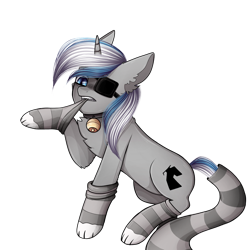 Size: 1280x1280 | Tagged: safe, artist:eggguy, derpibooru import, oc, oc:sekr gray, unicorn, bell, blue eyes, cat bell, cat socks, clothes, collar, eyepatch, simple background, socks, transparent background