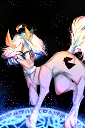 Size: 2000x3000 | Tagged: safe, artist:chrysigalaxy, derpibooru import, oc, oc:sekr gray, unicorn, accessory, bowtie, commission, eyepatch, futhark, glowing text, magic, magic circle, male, old english, runes, solo, stallion, ych result