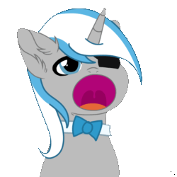 Size: 1200x1200 | Tagged: safe, artist:artistic-inky, derpibooru import, oc, oc:sekr gray, pony, unicorn, animated, blue eyes, bowtie, commission, eyepatch, meme, open mouth, pop cat, simple background, stars, transparent background, two-frame gif, uvula, ych result