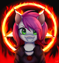 Size: 4357x4698 | Tagged: safe, artist:megabait, derpibooru import, oc, demon, pony, amulet, bust, clothes, devil, evil, jewelry, portrait, robe, satan, satanic, smiling