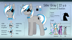 Size: 2700x1500 | Tagged: safe, artist:sinrinf, derpibooru import, princess celestia, twilight sparkle, oc, oc:sekr gray, pony, cutie mark, heart, pictogram, reference sheet, text