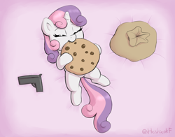 Size: 2756x2164 | Tagged: safe, artist:heretichesh, derpibooru import, sweetie belle, pony, unicorn, colored, cookie, cute, diasweetes, eating, eyebrows, eyebrows visible through hair, eyes closed, female, filly, food, gun, handgun, happy, herbivore, high angle, high res, horn, lying down, nom, on back, overhead view, pistol, robbery, sack, simple background, solo, tail, two toned mane, two toned tail, weapon