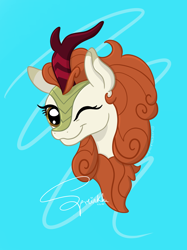 Size: 1024x1366 | Tagged: safe, artist:turtletroutstudios, derpibooru import, autumn blaze, kirin, blue background, bust, eyelashes, head only, looking at you, one eye closed, portrait, simple background, smiling, smiling at you, solo, wink, winking at you