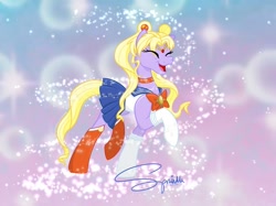 Size: 1023x767 | Tagged: safe, artist:turtletroutstudios, derpibooru import, earth pony, pony, :d, abstract background, choker, clothes, eyelashes, eyes closed, female, mare, open mouth, open smile, ponified, raised hoof, raised leg, sailor moon, serena tsukino, signature, smiling, socks, solo