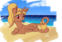 Size: 2750x1850 | Tagged: safe, artist:zombietator, derpibooru import, oc, oc only, alicorn, pony, alicorn oc, beach, female, food, horn, leonine tail, lying down, mare, outdoors, popsicle, signature, tail, wings