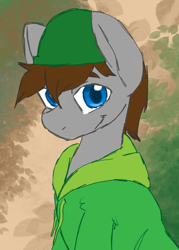 Size: 1500x2100 | Tagged: safe, artist:zombietator, derpibooru import, oc, oc only, earth pony, pony, abstract background, bust, clothes, hat, hoodie, male, signature, smiling, stallion