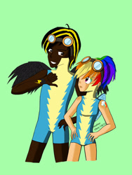 Size: 1536x2048 | Tagged: safe, artist:mangaka4eva, derpibooru import, midnight strike, rainbow dash, human, alternative cutie mark placement, clothes, cutie mark on human, dark skin, goggles, green, grin, humanized, smiling, uniform, winged humanization, wings, wonderbolt trainee uniform