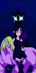 Size: 1050x2100 | Tagged: safe, artist:m-a-v-e-r-i-c-k, derpibooru import, spike, twilight sparkle, twilight sparkle (alicorn), alicorn, human, pony, alicorn humanization, clothes, dress, duo, horn, horned humanization, humanized, ponified, winged humanization, wings