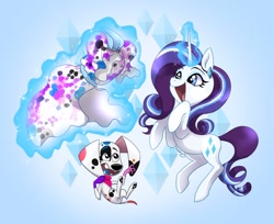 Size: 1000x814 | Tagged: safe, artist:themiles, derpibooru import, rarity, dog, unicorn, friendship is magic, 101 dalmatian street, clothes, da vinci (101 dalmatian street), dalmatian, diamond, dress, magic, magic aura, my little pony, paint