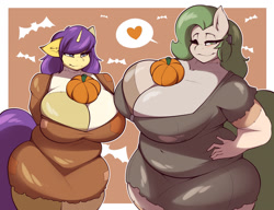 Size: 1280x981 | Tagged: safe, artist:gin-blade, derpibooru import, oc, oc only, oc:bountiful fields, oc:dakota dallas, anthro, bat, earth pony, unicorn, bedroom eyes, big breasts, blushing, breasts, cleavage, clothes, commission, digital art, duo, duo female, female, frankenpony, hand on hip, heart, horn, huge breasts, looking at you, one eye closed, pumpkin, stitches, tail, thighs, wide hips, wink