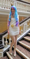 Size: 1024x2005 | Tagged: safe, artist:mad-catra, derpibooru import, princess celestia, human, clothes, cosplay, costume, irl, irl human, photo, stairs, uk ponycon, uk ponycon 2014