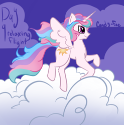 Size: 2020x2048 | Tagged: safe, artist:carconutty, derpibooru import, princess celestia, alicorn, pony, cloud, female, flying, high res, horn, mare, multicolored mane, multicolored tail, ponytober, smiling, solo, spread wings, tail, wings