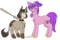 Size: 1280x854 | Tagged: safe, artist:sunshmallow, derpibooru import, oc, oc only, pony, unicorn, baseball bat, chest fluff, curved horn, duo, female, food, glowing, glowing horn, horn, muffin, simple background, transparent background