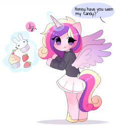 Size: 1200x1300 | Tagged: safe, artist:franshushu, derpibooru import, princess cadance, alicorn, anthro, arm hooves, candy, commission, cupcake, cute, food, implied shining armor, licking, licking lips, offscreen character, simple background, solo, strawberry, tongue, tongue out, white background