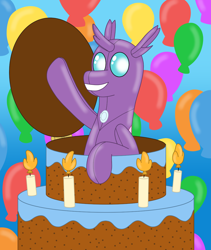 Size: 2060x2436 | Tagged: safe, artist:ltcolonelwhipper, artist:wolvinof, derpibooru import, oc, oc:cara, changedling, changeling, inflatable pony, air nozzle, balloon, birthday, birthday cake, birthday gift, cake, candle, changeling oc, food, inflatable, inflatable toy, looking at you, pool toy, pop out cake, simple background, smiling, smiling at you