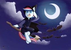 Size: 3684x2605 | Tagged: safe, artist:foxhatart, derpibooru import, oc, oc:britannia (uk ponycon), bat, broom, cloud, flying, flying broomstick, hat, mascot, moon, night, sky, uk ponycon, witch hat, wizard hat