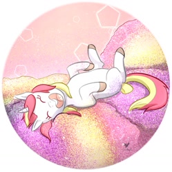 Size: 1332x1338 | Tagged: safe, artist:foxhatart, derpibooru import, oc, oc:custard, pony, unicorn, eyes closed, female, glitter, happy, lying down, mare, on back, solo