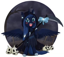 Size: 2132x1904 | Tagged: safe, artist:foxhatart, derpibooru import, oc, oc:night star, alicorn, pony, female, magic, mare, scythe, skull, solo