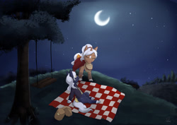 Size: 2046x1447 | Tagged: safe, artist:foxhatart, derpibooru import, oc, oc only, oc:cookie dough, pony, unicorn, bag, basket, clothes, female, mare, moon, night, picnic basket, picnic blanket, saddle bag, stars, swing, tree