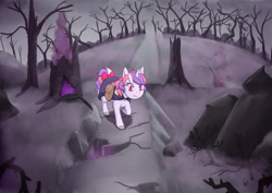 Size: 2046x1447 | Tagged: safe, artist:foxhatart, derpibooru import, oc, oc only, pony, unicorn, clothes, female, forest, scared, solo, spooky, tree stump