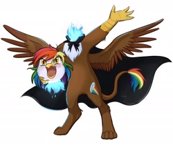 Size: 2012x1690 | Tagged: safe, artist:foxhatart, derpibooru import, oc, oc:rainbow feather, dullahan, griffon, hippogriff, cape, clothes, disembodied head, headless, interspecies offspring, magical lesbian spawn, modular, offspring, parent:gilda, parent:rainbow dash, parents:gildash, simple background, solo, white background