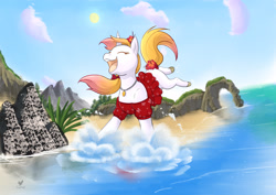 Size: 2046x1447 | Tagged: safe, artist:foxhatart, derpibooru import, oc, oc:coral, pony, unicorn, beach, clothes, dress, female, happy, mare, solo, water