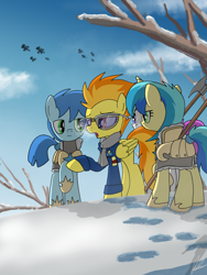 Size: 3000x4000 | Tagged: safe, artist:flaremoon, derpibooru import, spitfire, oc, oc:mercury haze, earth pony, pegasus, pony, unicorn, armor, clothes, female, glasses, guard, guardsmare, mare, royal guard, scarf, snow, uniform, winter, wonderbolts, wonderbolts uniform