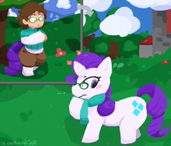 Size: 1280x1090 | Tagged: safe, artist:itoakami, derpibooru import, rarity, oc, oc:cassette, human, pony, unicorn, ..., blush sticker, blushing, character to character, clothes, exclamation point, glasses, human oc, human to pony, interrobang, looking back, male to female, pants, question mark, raised hoof, raised leg, rule 63, scarf, solo, species swap, sweater, transformation, transgender transformation, wide eyes