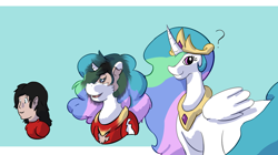 Size: 1280x715 | Tagged: safe, artist:dustyerror, derpibooru import, princess celestia, oc, oc:neo, alicorn, human, pony, blue background, bust, character to character, clothes, crown, female, hair over one eye, human oc, human to pony, jewelry, male to female, mare, open mouth, out of frame, peytral, portrait, question mark, regalia, ripping clothes, rule 63, shirt, simple background, solo, species swap, swirly eyes, transformation, transformation sequence, transforming clothes, transgender transformation