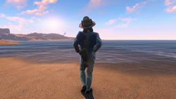 Size: 1920x1080 | Tagged: safe, artist:is_a_ponye, derpibooru import, oc, oc:alicorn named tom, anthro, fallout equestria, beach, clothes, fallout, fallout 4, fallout 4 equestria mod, hat, male, mod, post-apocalyptic, raider, suit, sunrise