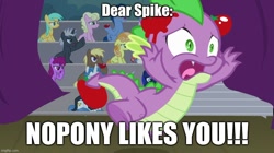 Size: 888x499 | Tagged: safe, edit, edited screencap, screencap, spike, dragon, horse play, booing, food, male, op is a cuck, op isn't even trying anymore, spikeabuse, stage, text, tomato, tomatoes