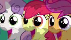 Size: 960x540 | Tagged: safe, edit, edited screencap, editor:undeadponysoldier, screencap, apple bloom, scootaloo, sweetie belle, earth pony, pegasus, pony, unicorn, hearts and hooves day (episode), adorabloom, animated, bow, bush, cute, cutealoo, cutie mark crusaders, diasweetes, female, filly, gif, hair bow, happy, hiding, looking at you, open mouth, reversed, trio