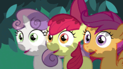 Size: 960x540 | Tagged: safe, edit, edited screencap, editor:undeadponysoldier, screencap, apple bloom, scootaloo, sweetie belle, earth pony, pegasus, pony, unicorn, hearts and hooves day (episode), adorabloom, animated, bow, bush, cute, cutealoo, cutie mark crusaders, diasweetes, female, filly, gif, hair bow, happy, hiding, looking at you, loop, looped, open mouth, perfect loop, reversed, trio