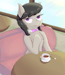 Size: 2920x3400 | Tagged: safe, artist:fdv.alekso, octavia melody, earth pony, pony, chest fluff, cup, female, food, indoors, looking at you, mare, smiling, smiling at you, solo, tea, teacup